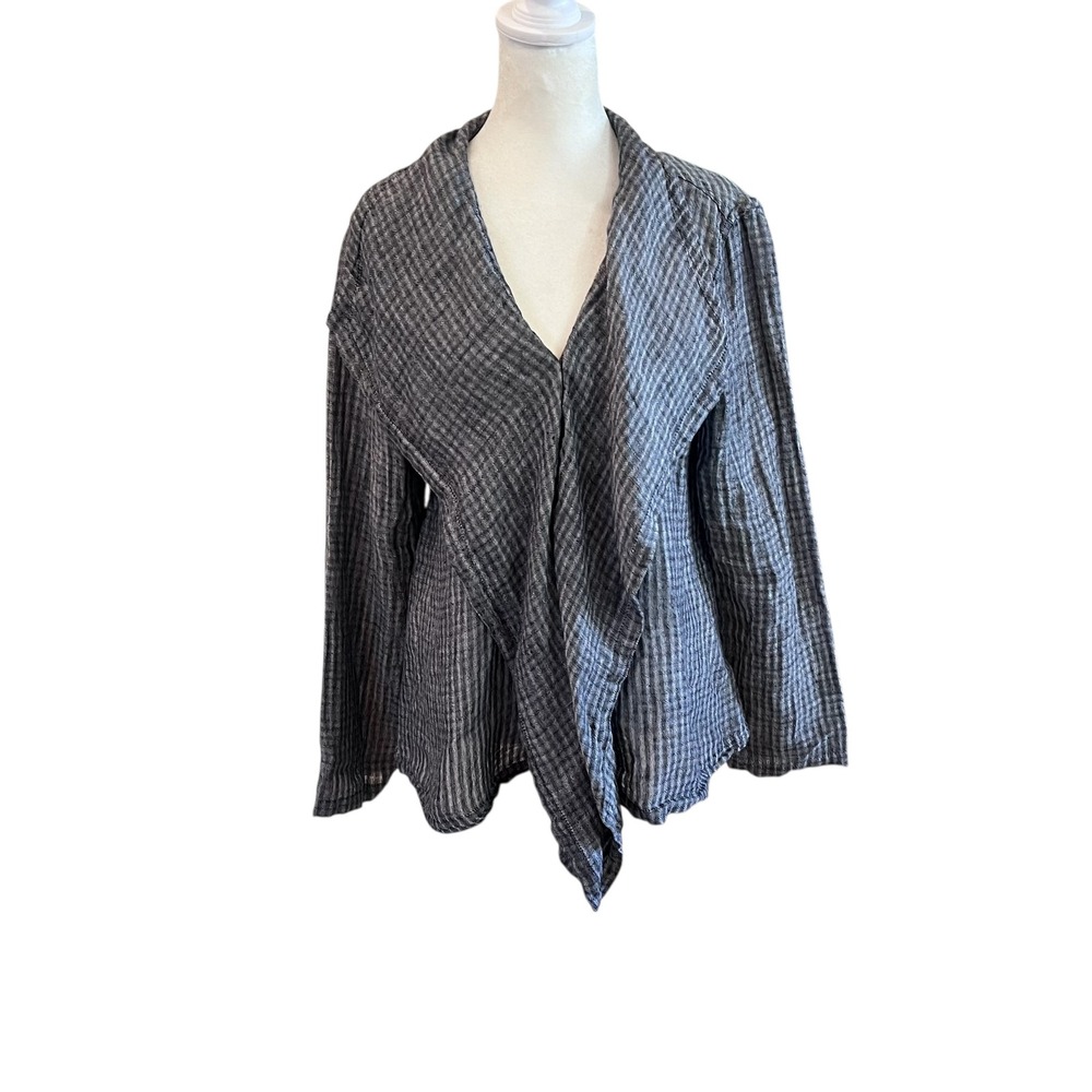 Flax Checkered Linen Long Sleeve Gray Cardigan Jacket Size P/S Lagenlook
